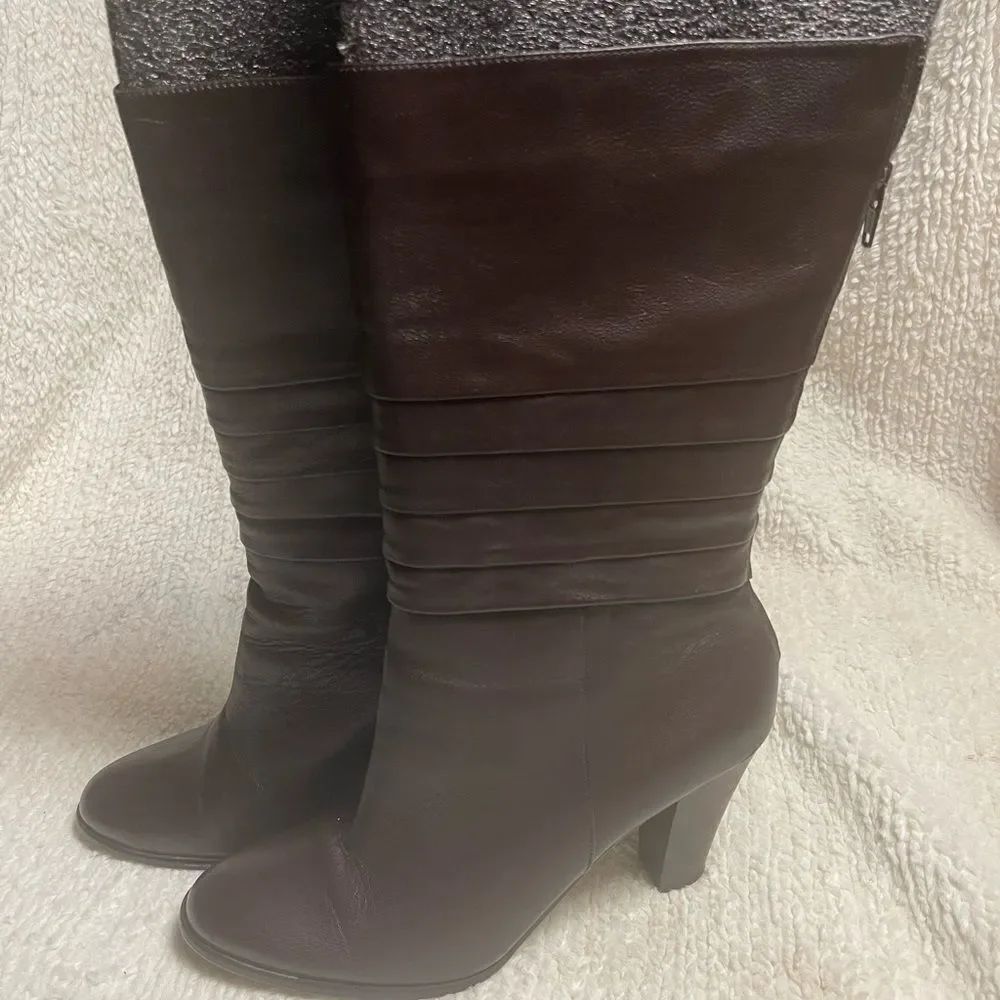 J Renée Sarita leather Brown mid calf heels Boots almond toe SZ12M